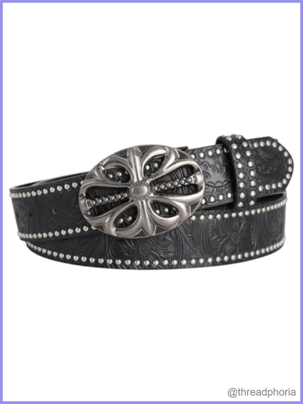 PU Leather Western Studded Belt Floral Buckle Y2K Grunge